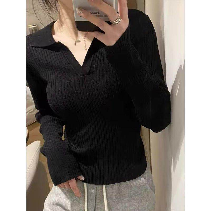 领polo长袖早秋感短款针织衫翻领黑色高级女毛衣上衣新款百搭修身