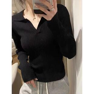领polo长袖早秋感短款针织衫翻领黑色高级女毛衣上衣新款百搭修身