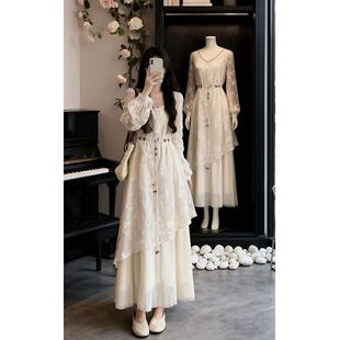 2026女装长袖新款收腰胖网纱好看连衣裙春季大码显瘦mm拼接巨度假