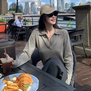 女慵懒休闲V领长袖 老钱风Polo领针织衫 上衣 高智淡人毛衣 Lin12