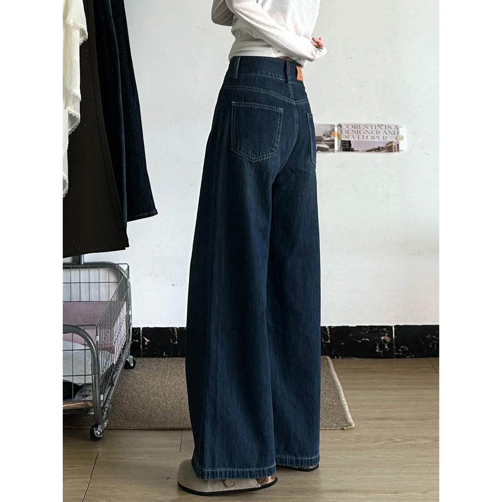 小个子阔腿胖直宽松身材深蓝色显瘦梨型mm女春大码牛仔裤筒裤高腰