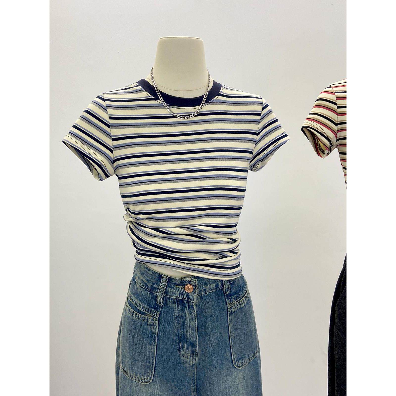 美式复古条纹短袖T恤女遮肚子正肩纯棉2026夏季修身辣妹打底上衣