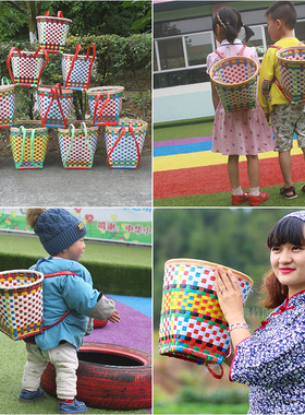 小背篓儿童塑料民族风后背式小孩宝宝篮子舞蹈道具花编织背篼筐箩