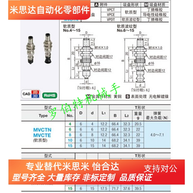 米思米真空吸盘MISUMI吸嘴MVCTN10 MVCTN15 MVCTN8 MVCTN6 MVCTN4