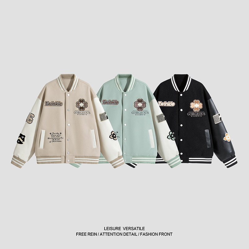 vintage棒球服拼接字母卡通刺绣