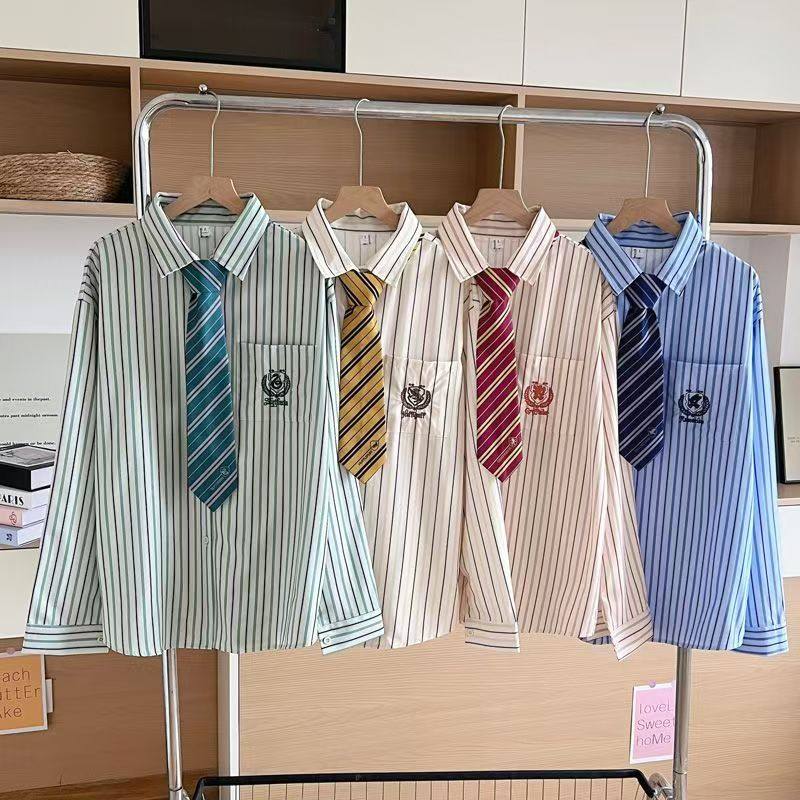 哈利波特学院风条纹衬衫刺绣领带新日系男女宽松显瘦百搭长袖上衣,女装/女士精品,衬衫,淘宝优惠券,粉丝福利购,淘宝优惠卷