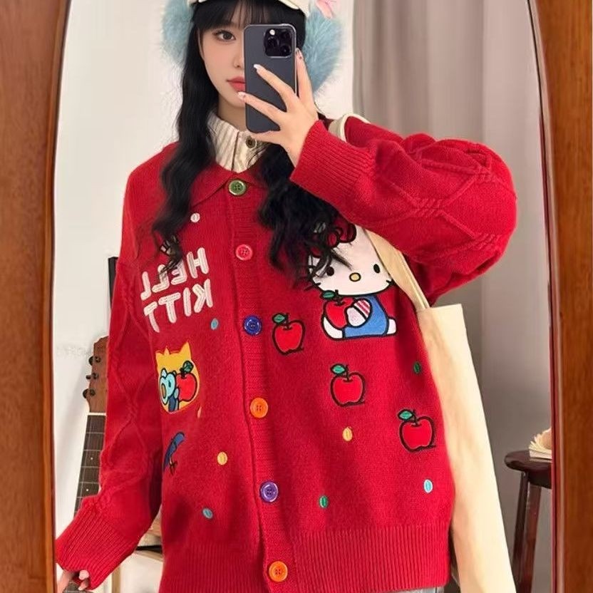 红色苹果kitty猫开衫毛衣女秋冬卡通可爱风氛围感叠穿外套