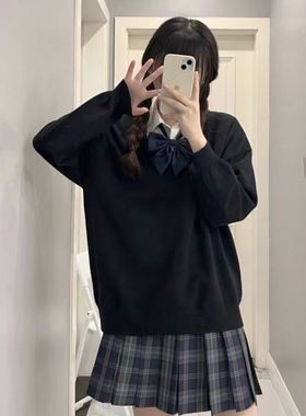 日系JK制服针织衫套头V领毛衣黑色纯色时尚秋冬长袖校供感校服女