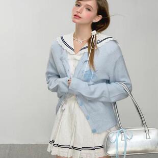 针织蓝色开衫女韩系毛衣秋季新款刺绣上衣学院针织衫甜妹jk外套女