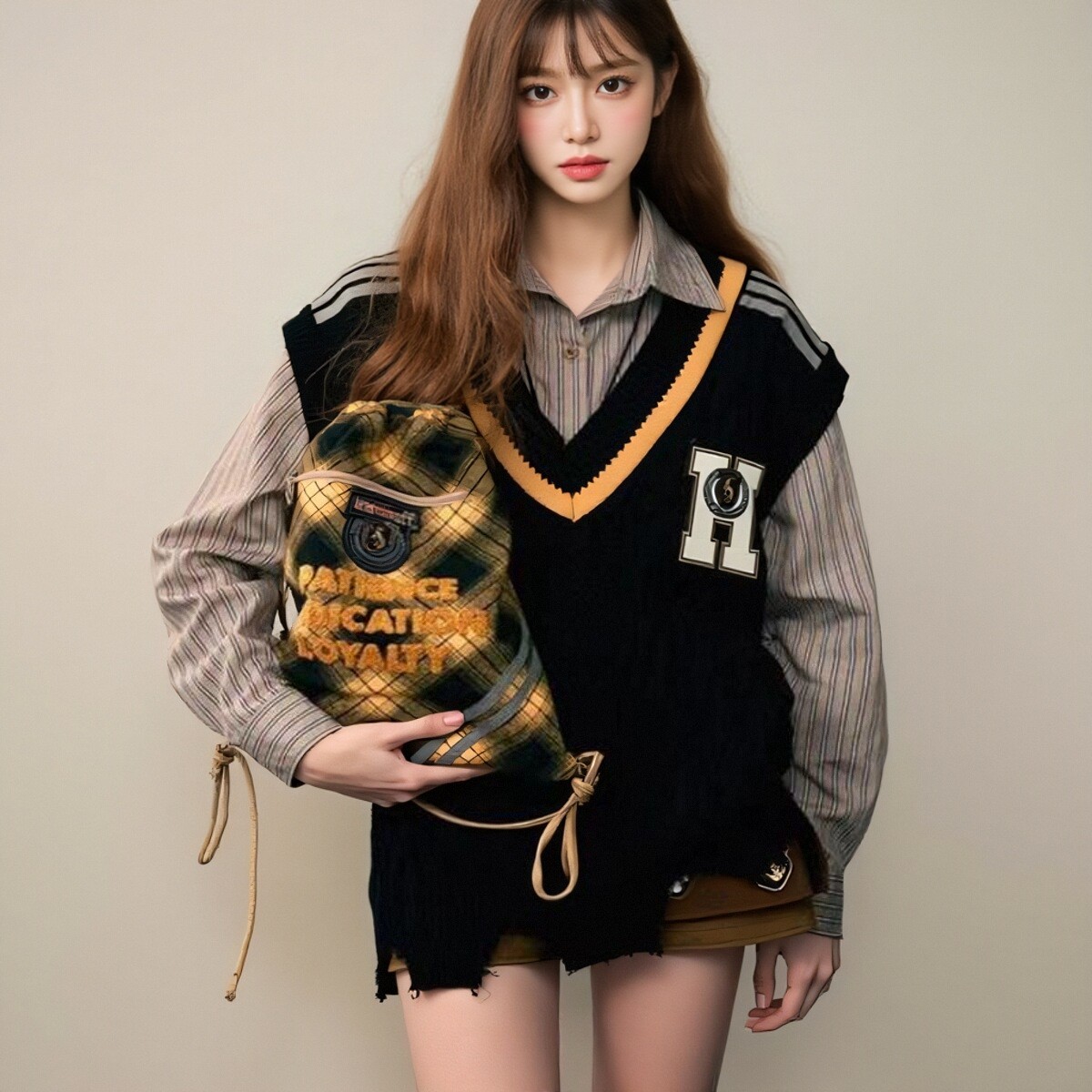 重工麻花针织马甲背心女哈利波特徽章刺绣V领无袖毛衣学院风叠穿