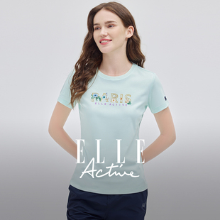 ELLE Active户外穿搭可露丽短袖t恤女夏新款活力减龄棉感印花上衣