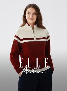 【含绵羊毛】ELLE Active骐骥红毛衣立领半拉链针织衫宽松上衣女