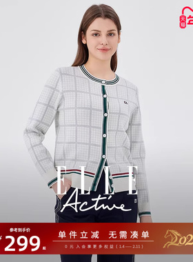 ELLE Active复古格纹开衫女士气质圆领毛针织衫外套宽松外搭上衣