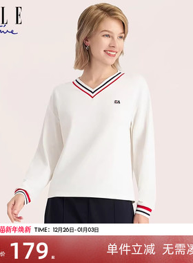 ELLE Active2023秋冬新款简约百搭V领撞色长袖T恤运动休闲上衣女