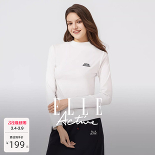 ELLE Active高智淡人穿搭简约高级小立领长袖t恤白色内搭上衣舒适