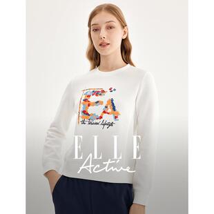 艺术印花长袖 打底衫 上衣 Active户外穿搭白色卫衣女春秋新款 ELLE