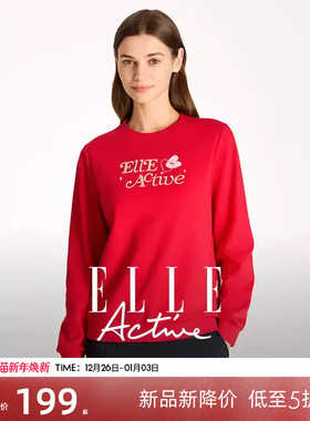 ELLE Active本命马年新春红色卫衣女质感刺绣圆领套头衫长袖上衣