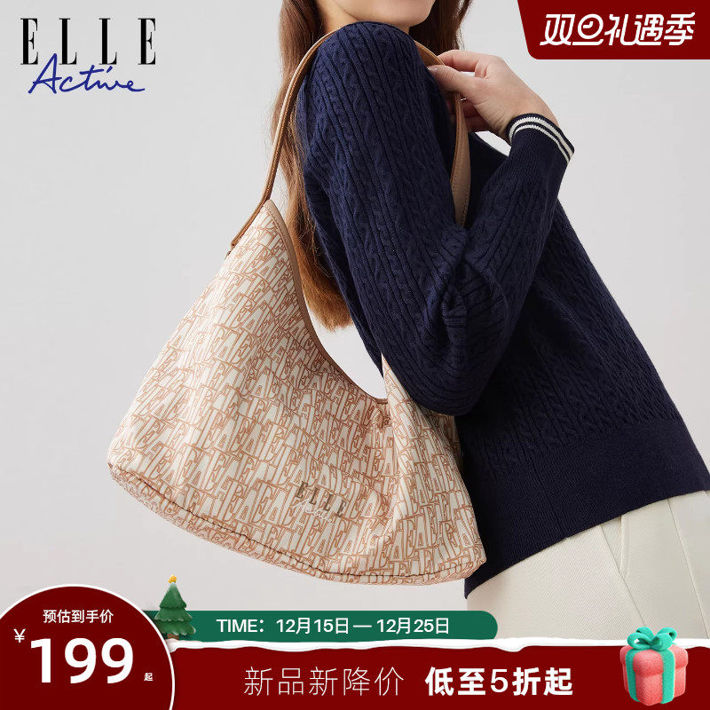 ELLE Active复古老钱风满印老花托特包大容量手提包包时尚