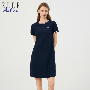 收腰显瘦A字裙简约裙子女夏 连衣裙短袖 ELLE Active圆领撞色中长款