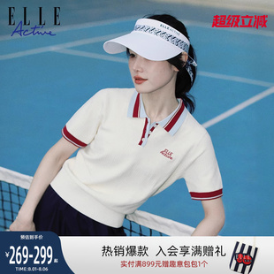 时尚 ELLE POLO衫 Active针织短袖 高级撞色T恤上衣 女翻领学院风夏季