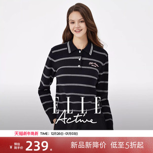 polo衫 女高智简约翻领长袖 显瘦 Active复古老钱风条纹针织衫 ELLE