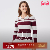 ELLE t恤酒红色 长袖 Active女装 Miu系知识分子条纹翻领针织Polo衫