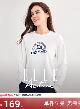 ELLE Active户外穿搭运动风上衣质感印花圆领长袖t恤女白色套头衫