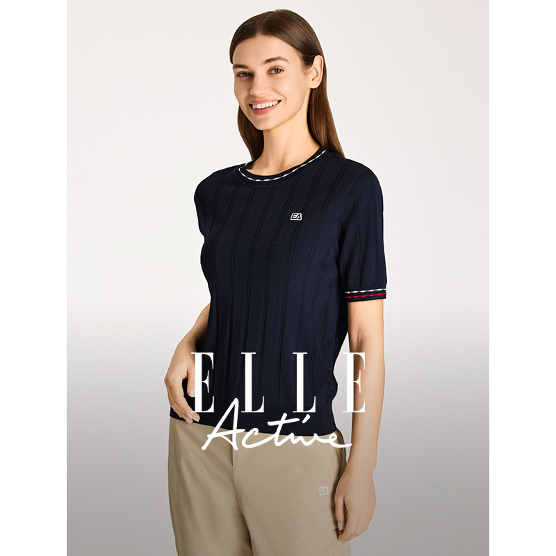 【新品试用】ELLE Active女短袖针织衫新款提花套头衫气质上衣