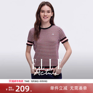 纯棉上衣2025春夏新款 短袖 格纹圆领t恤 Active气质红色针织衫 ELLE