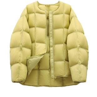 圆领羽绒服女中长款2024冬新款云朵感小方格白鸭绒加厚保暖外套