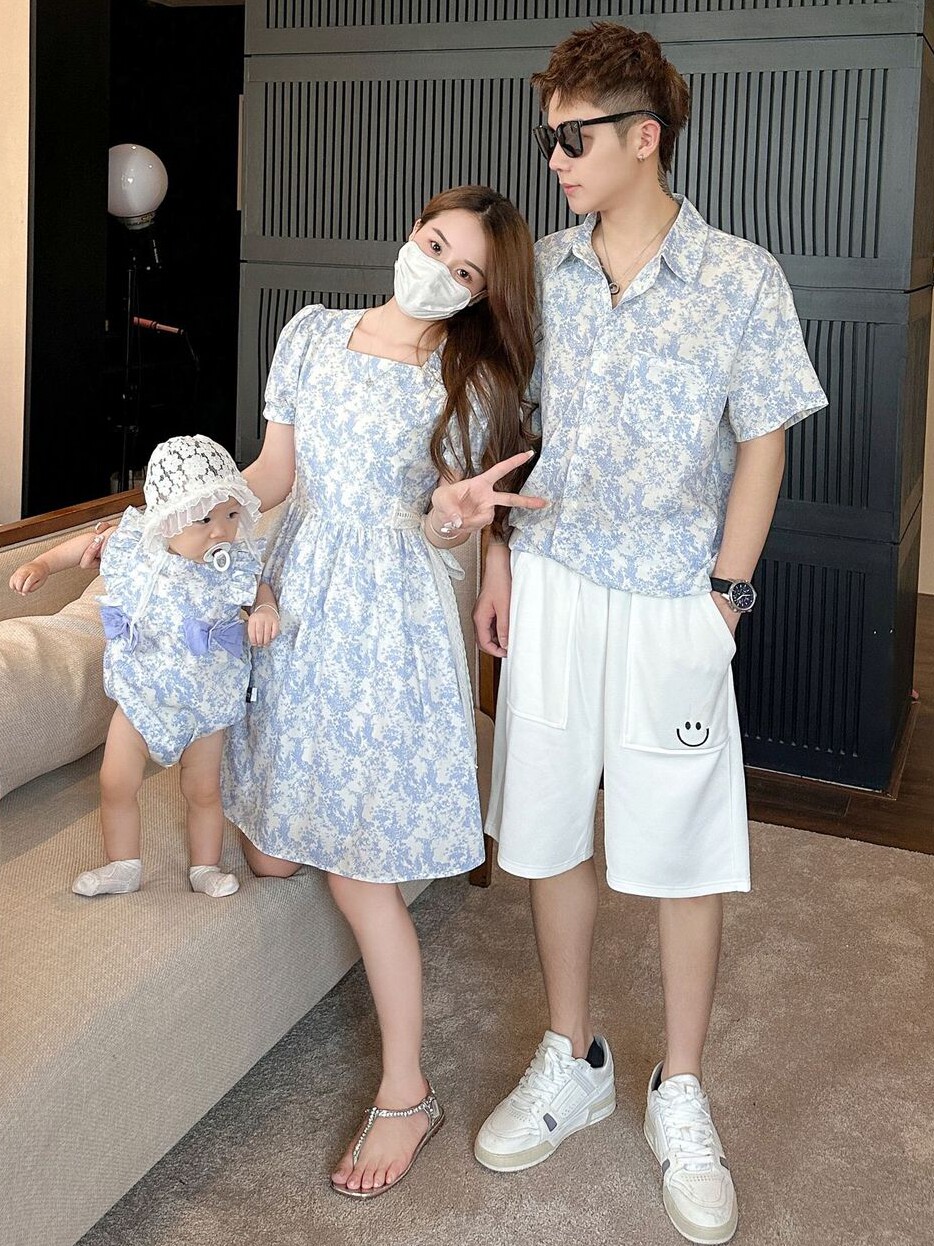 3 4인 가족을 위한 다양한 싼야 해변 휴가 부모-자식 의상 중국식 해변 스커트와  용 여름 정장
