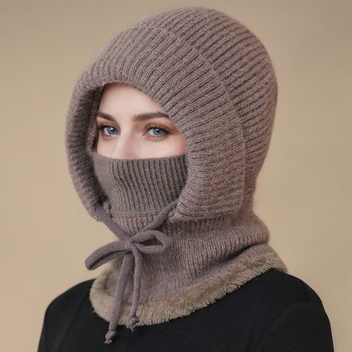 冬季帽子女款连体围脖中老年人妈妈加厚毛线帽防寒保暖骑行针织帽