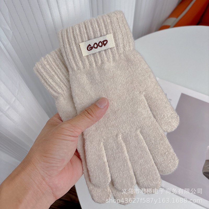 冬季保暖手套男女成人纯色简约毛线针织五指学生骑车防寒触屏分指