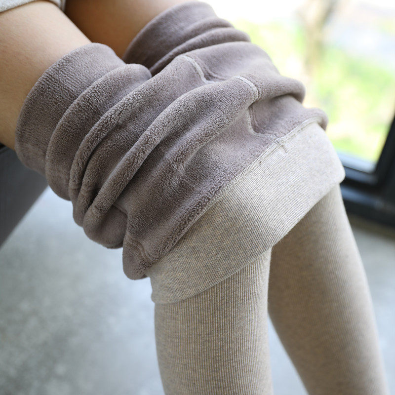 日系竖条纹打底裤女冬加厚加绒踩脚燕麦色M螺纹羊胎绒连裤袜九分