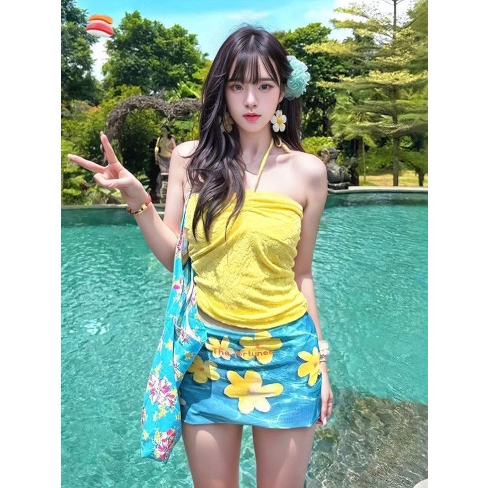 2026新款泳衣女分体比基尼三件套海边度假风套装法式抽绳抹胸温泉