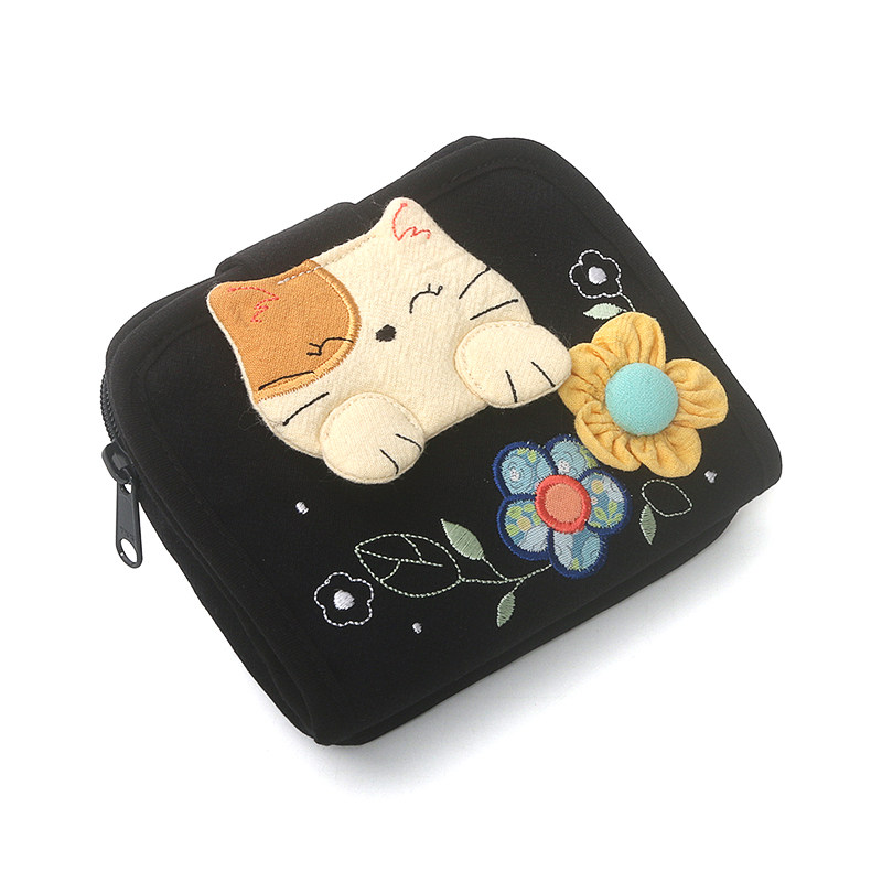 Kine猫 ins花花猫短款钱包布艺原创日韩女士卡通可爱学生短夹卡包