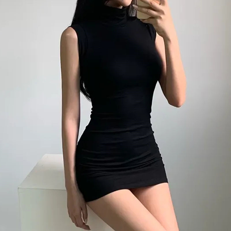 高级感名媛气质女人味~半高领紧身显身材无袖弹力高腰包臀连衣裙