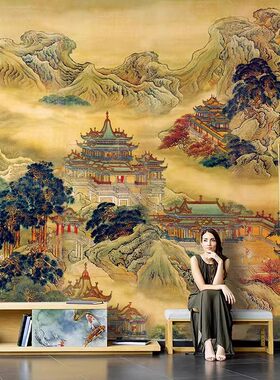 蓬莱仙境图山水画墙纸背景墙墙布