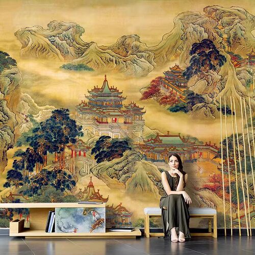 蓬莱仙境图山水画墙纸背景墙墙布