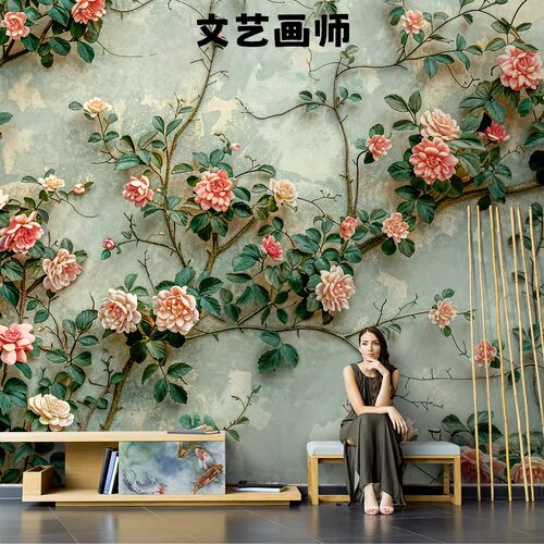 简约玫瑰花卉壁纸酒店客厅定制