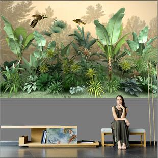 高清热带雨林墙纸石膏线墙裙壁纸客厅沙发电视背景墙壁画墙布