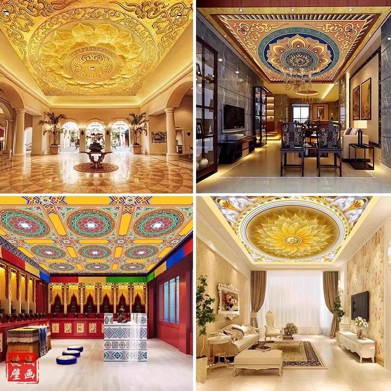 金色莲花吊顶壁纸祥云中式佛系花纹壁画酒楼佛堂寺庙天花板墙纸,家装主材,定制壁画,淘宝优惠券,粉丝福利购,淘宝优惠卷