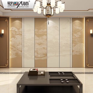 轻奢新中式墙纸拼色山水壁布电视背景墙壁纸客厅宋氏美学楼阁墙纸