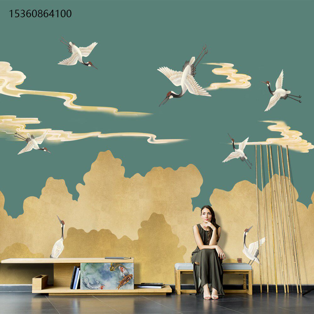 新中式壁画宋氏美学山水壁画仙鹤古典沙发背景墙布定制壁纸墙纸