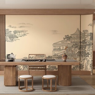 宋氏美学刺绣楼阁客厅沙发弧形背景墙壁纸新中式茶室异形硬包壁布