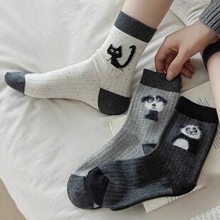 猫咪卡通袜子女中筒袜春秋款日系点子纱植绒ins潮可爱秋冬长筒袜