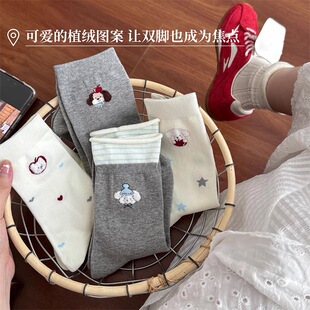 可爱袜子女款百搭白色中筒袜春秋款ins潮日系卡通学院风长袜秋天