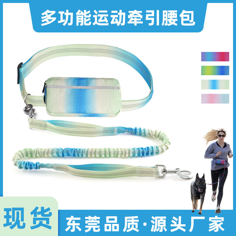 2025跨境新款渐变色宠物运动跑步腰包中小型犬反光狗狗伸缩牵引绳