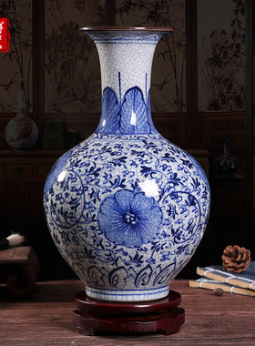 景德镇手绘青花瓷花瓶家居客厅中式裂釉工艺品陶瓷复古装饰摆件