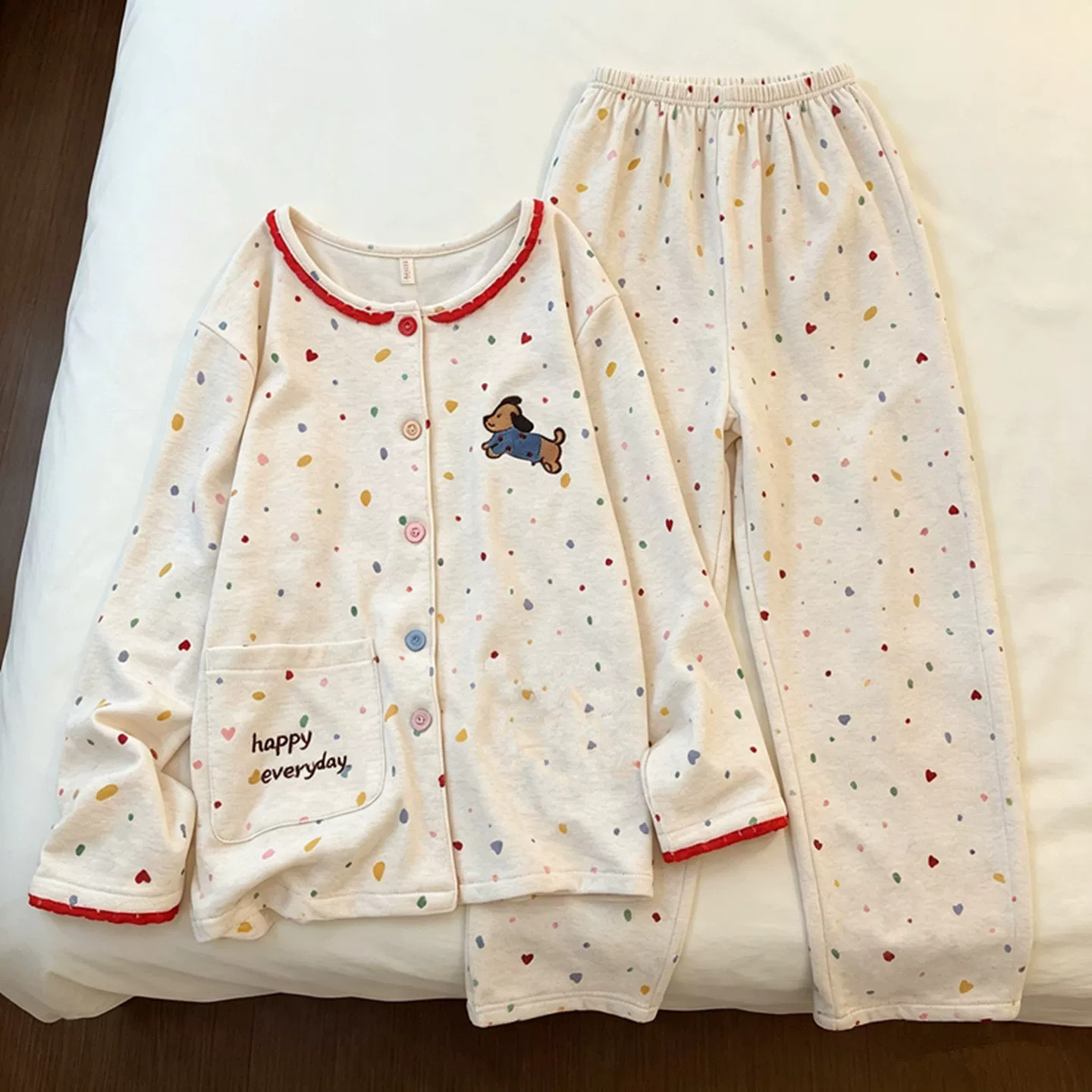 日系风睡衣女秋季彩色波点长袖羊绒开衫加厚保暖纯棉家居服套装